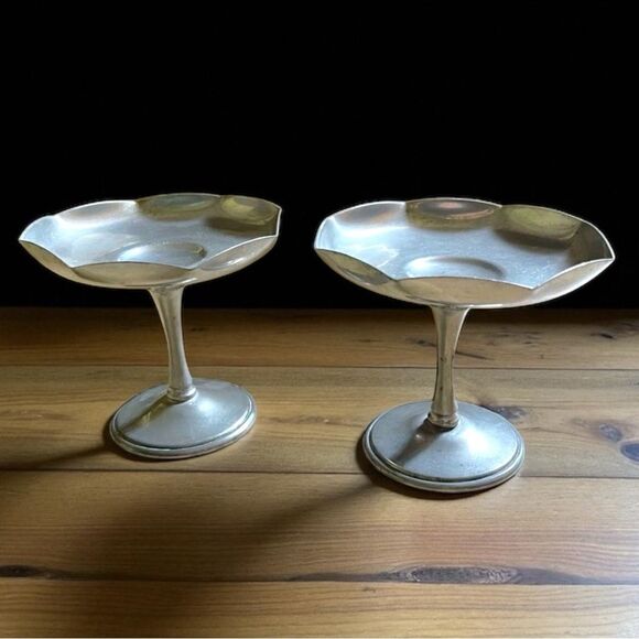 Vintage Pewter Octagon Rim Candle Holders Compote Dish Set of 2 - Picture 1 of 16